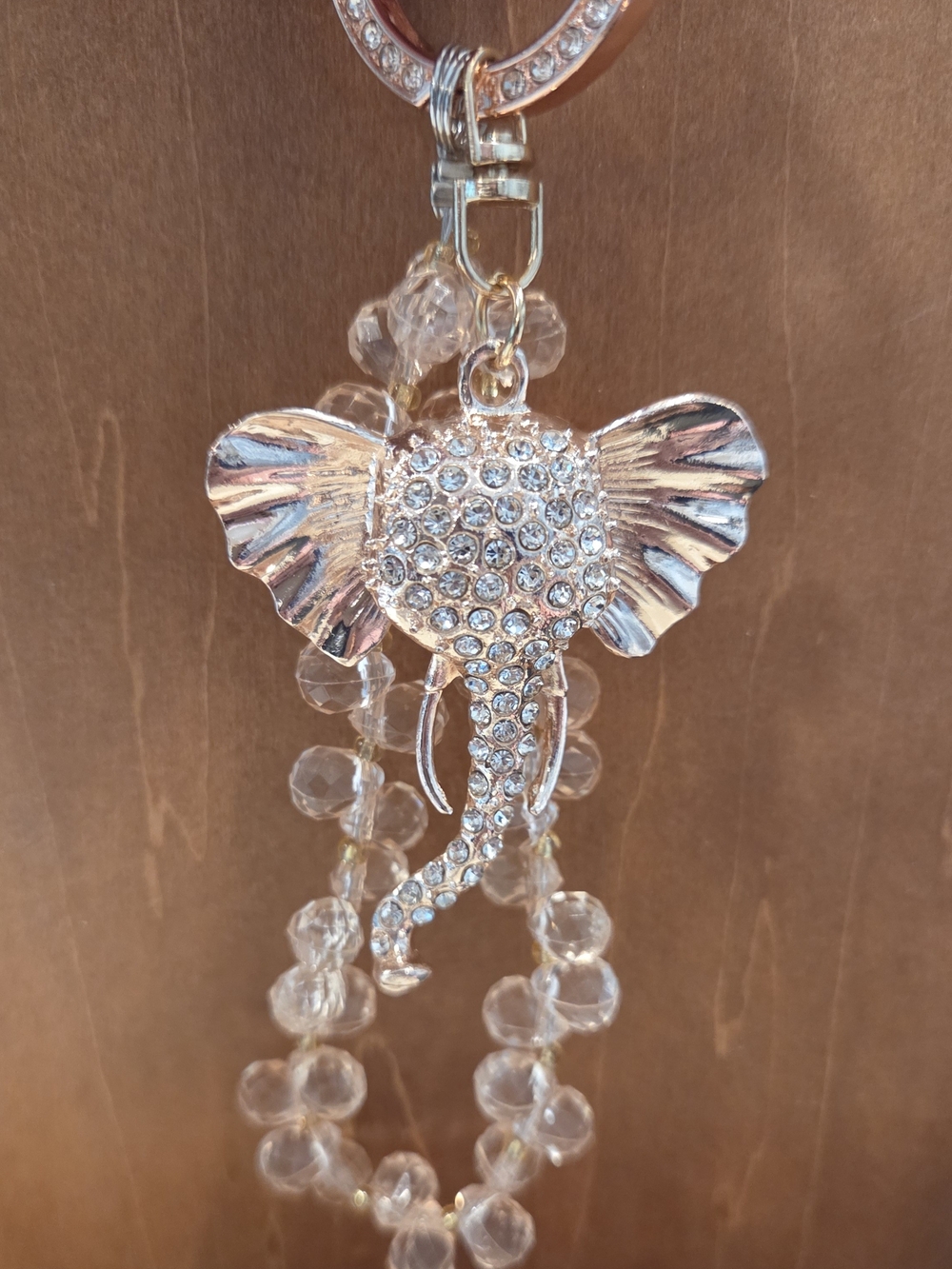 NEW Rose Gold Rhinestone Elephant Keychain Crystal Beaded Wristlet Bag Charm
